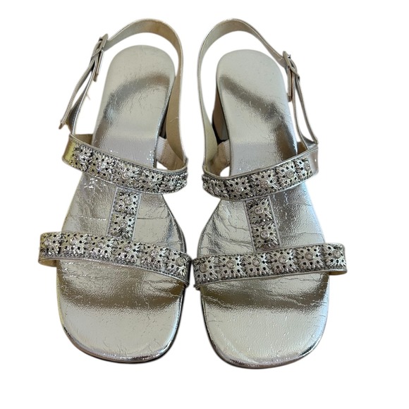 70s Vtg Metallic Sandals Slingback Rhinestone Embellished Strappy Dress Shoes 8 - Picture 1 of 5